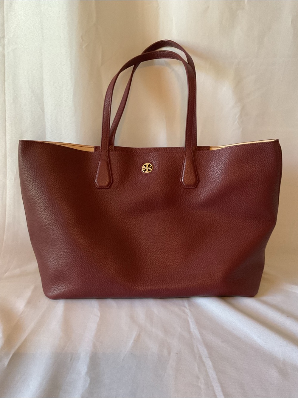 Tory Burch Pebbled Burgundy Leather Tote with Gold Logo
